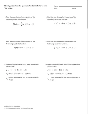 Identify quadratic features in factored form worksheet preview