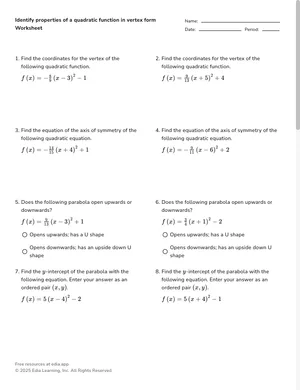 Identify quadratic features in vertex form worksheet preview