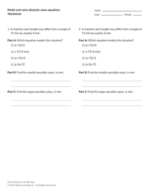 Model and solve absolute value equations worksheet preview