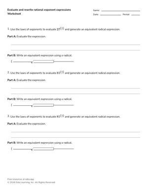 Evaluate and rewrite rational exponent expressions worksheet preview