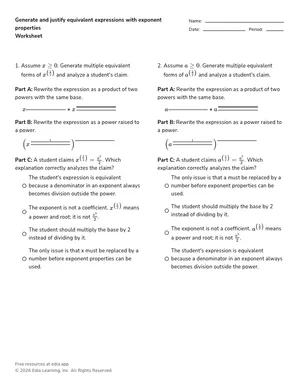 Generate and justify equivalent expressions with exponent properties worksheet preview
