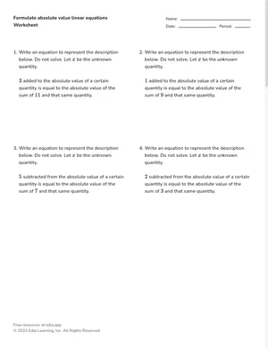 Formulate absolute value linear equations worksheet preview