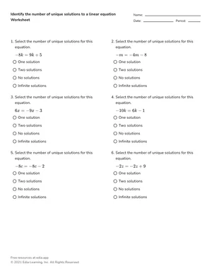 Identify the number of unique solutions to a linear equation worksheet preview
