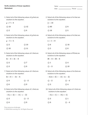 Verify solutions of linear equations worksheet preview