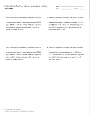 Evaluate linear functions with non-proportional contexts worksheet preview