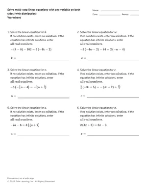 Solve multi-step linear equations with one variable on both sides (with distribution) worksheet preview