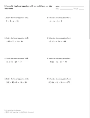 Solve multi-step linear equations with one variable on one side worksheet preview