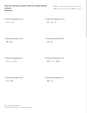Solve one-step linear equations with one variable (positive numbers) worksheet preview