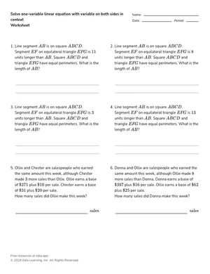 Solve one-variable linear equation with variable on both sides in context worksheet preview