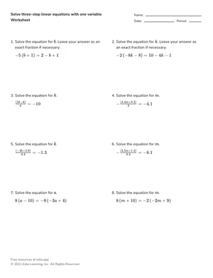 Solve three-step linear equations with one variable worksheet preview