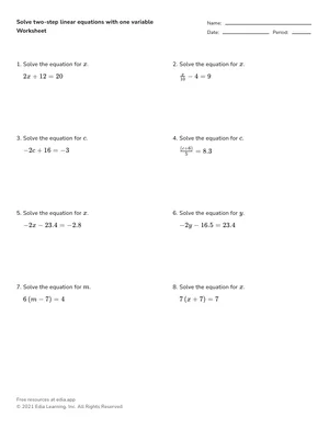 Solve two-step linear equations with one variable worksheet preview