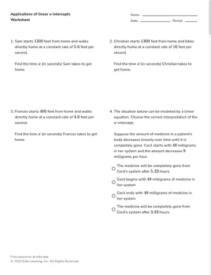 Applications of linear x-intercepts worksheet preview