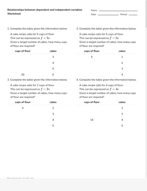 Relate variables, tables, equations, and contexts worksheet preview