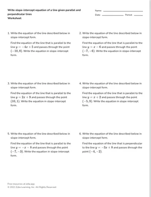 Write slope-intercept equation of a line given parallel and perpendicular lines worksheet preview