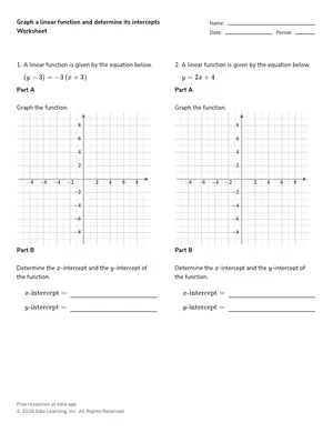 Graph a linear function and determine its intercepts worksheet preview