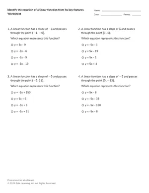 Identify the equation of a linear function from its key features worksheet preview