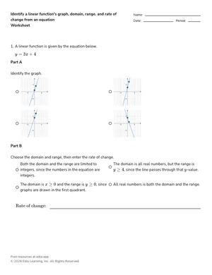 Identify a linear function's graph, domain, range, and rate of change from an equation worksheet preview