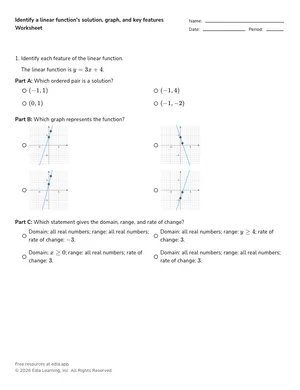 Identify a linear function's solution, graph, and key features worksheet preview