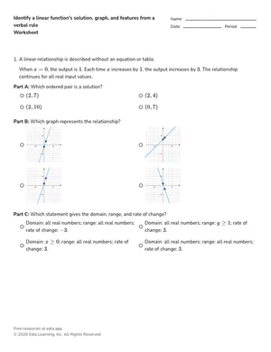 Identify a linear function's solution, graph, and features from a verbal rule worksheet preview