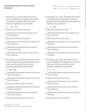 Interpreting parameters of linear functions worksheet preview