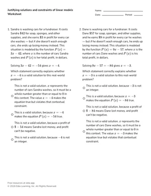 Justifying solutions and constraints of linear models worksheet preview