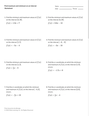 Find maximum and minimum on an interval worksheet preview