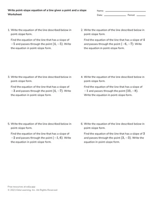 Write point-slope equation of a line given a point and a slope worksheet preview