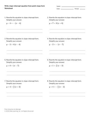 Write slope-intercept equation from point-slope form worksheet preview