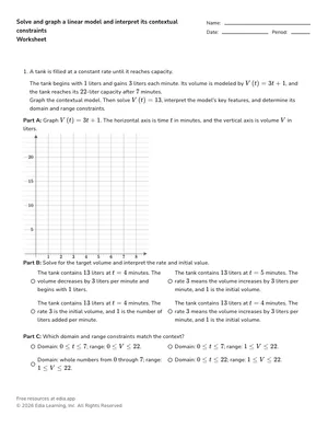 Solve and graph a linear model and interpret its contextual constraints worksheet preview