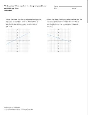 Write standard form equation of a line given parallel and perpendicular lines worksheet preview