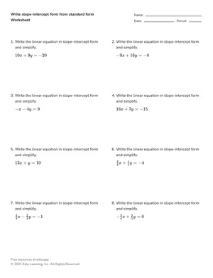 Write slope-intercept form from standard form worksheet preview