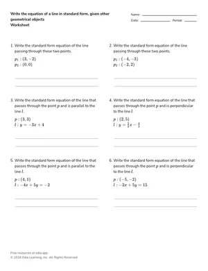Write the equation of a line in standard form, given other geometrical objects worksheet preview