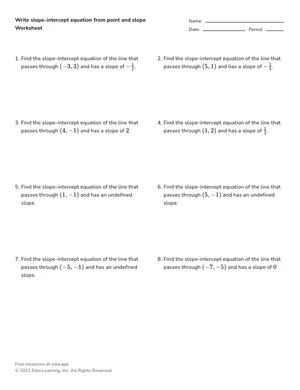 Write slope-intercept equation from point and slope worksheet preview