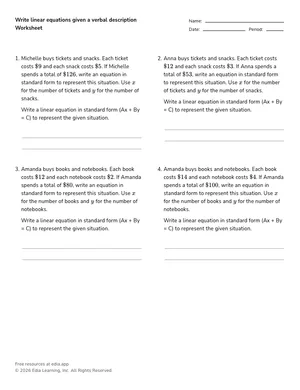 Write linear equations given a verbal description worksheet preview