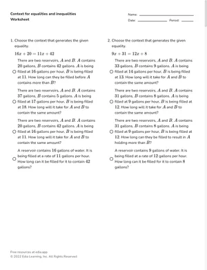 Determine context for equalities and inequalities worksheet preview
