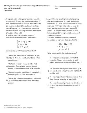 Identify an error in a system of linear inequalities representing real-world constraints worksheet preview