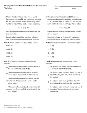 Identify and interpret solutions to two-variable inequalities worksheet preview