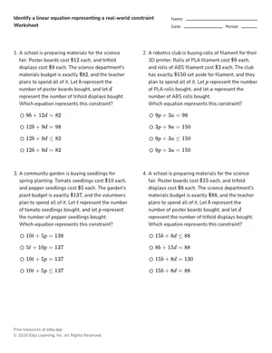 Identify a linear equation representing a real-world constraint worksheet preview