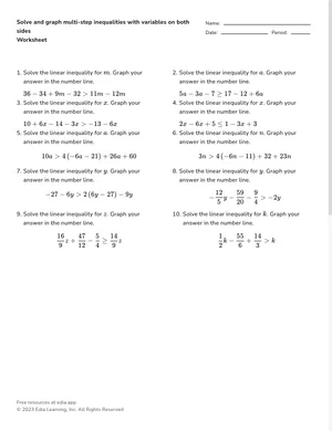 Solve and graph multi-step inequalities with variables on both sides worksheet preview