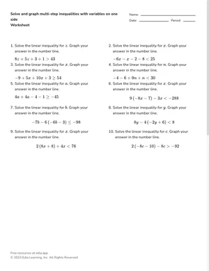 Solve and graph multi-step inequalities with variables on one side worksheet preview