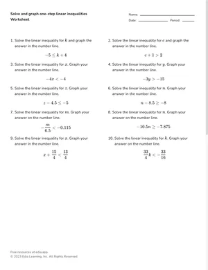 Solve and graph one-step linear inequalities worksheet preview