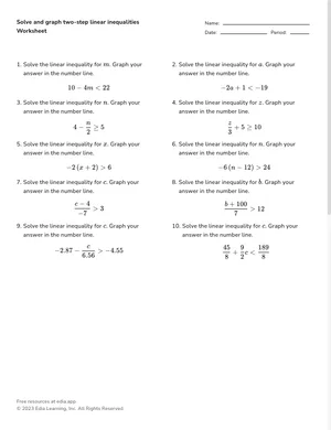 Solve and graph two-step linear inequalities worksheet preview