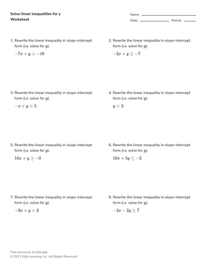 Solve linear inequalities for y worksheet preview