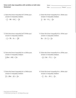 Solve multi-step inequalities with variables on both sides worksheet preview