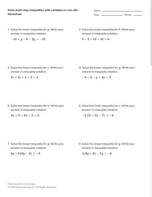 Solve multi-step inequalities with variables on one side worksheet preview