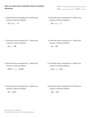 Solve one-step linear inequalities (interval notation) worksheet preview