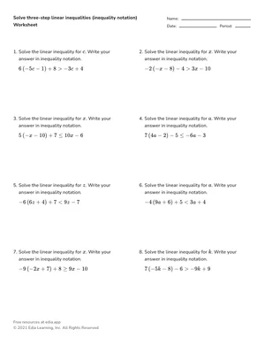 Solve three-step linear inequalities (inequality notation) worksheet preview