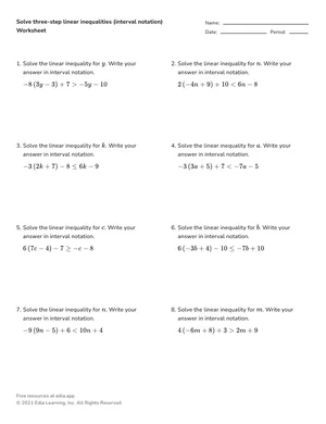 Solve three-step linear inequalities (interval notation) worksheet preview