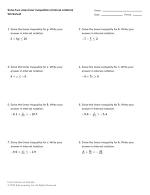 Solve two-step linear inequalities (interval notation) worksheet preview