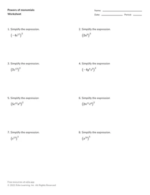 Raise monomials to powers worksheet preview
